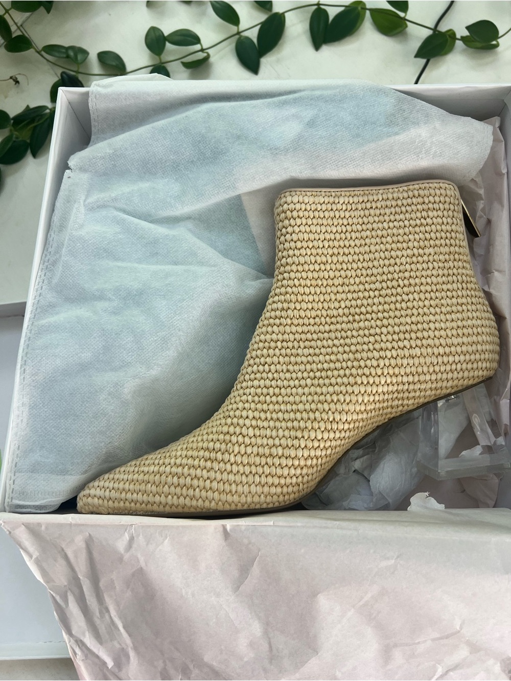 Cecelia New York Woven Beige Ankle Boots with Lucite Clear Block Heel - Picture 3 of 16